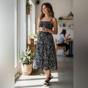 Old Navy Dark Floral Printed Midi Dress in Black and Cream with Pockets Medium